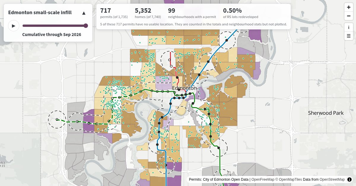 Map of Edmonton with small-scale infill permits as coloured dots over neighbourhoods shaded by population change, with LRT lines.